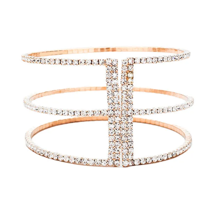 3Row Split Layer Round Crystal Detail Cuff Evening Bracelet