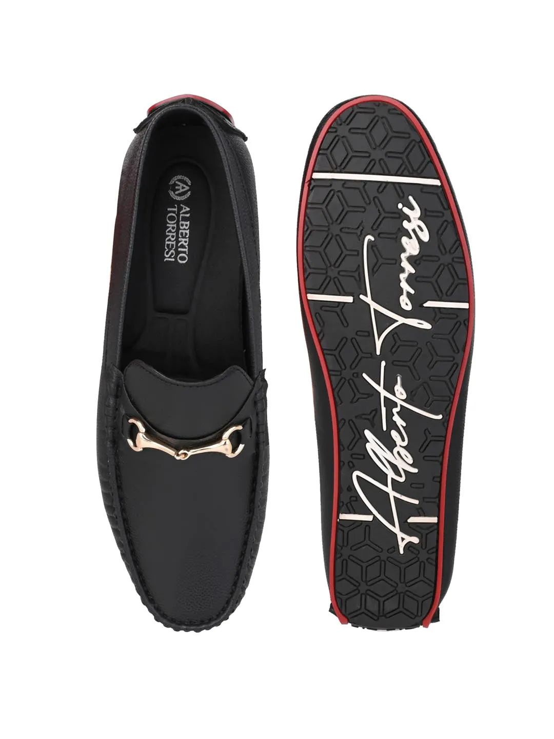 Alberto Torresi Black Round Toe Loafers With Metal Accent