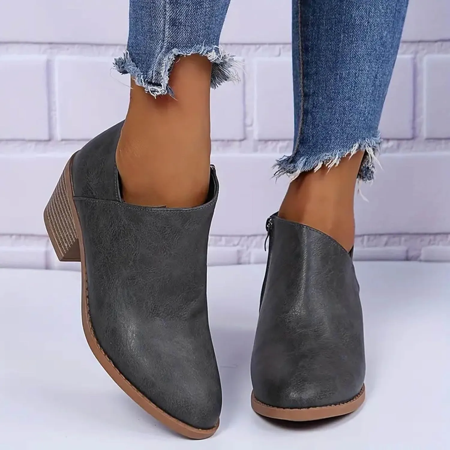 AMDBEL Booties for Women Dressy 2024 Ankle Booties Low Chunky Block Heel Side Zipper Pointd Toe Fall Winter Short Boots Shoes