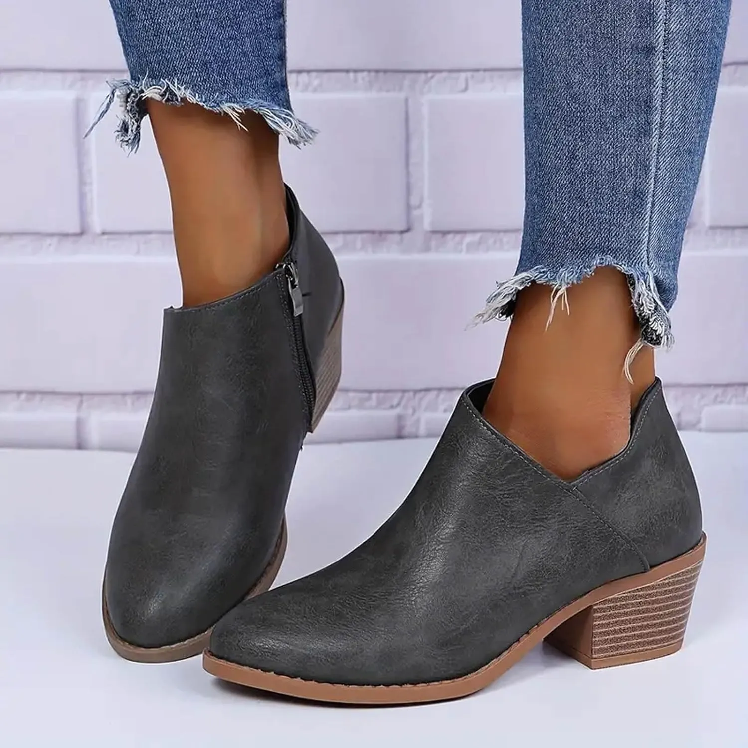 AMDBEL Booties for Women Dressy 2024 Ankle Booties Low Chunky Block Heel Side Zipper Pointd Toe Fall Winter Short Boots Shoes