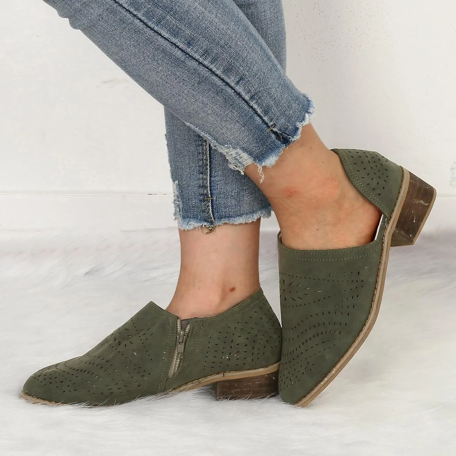 AMDBEL Fall Shoes for Women 2024 Low Heel Pointed Toe Chunky Block Hollow Out Winter Fall Side Zipper Short Booties