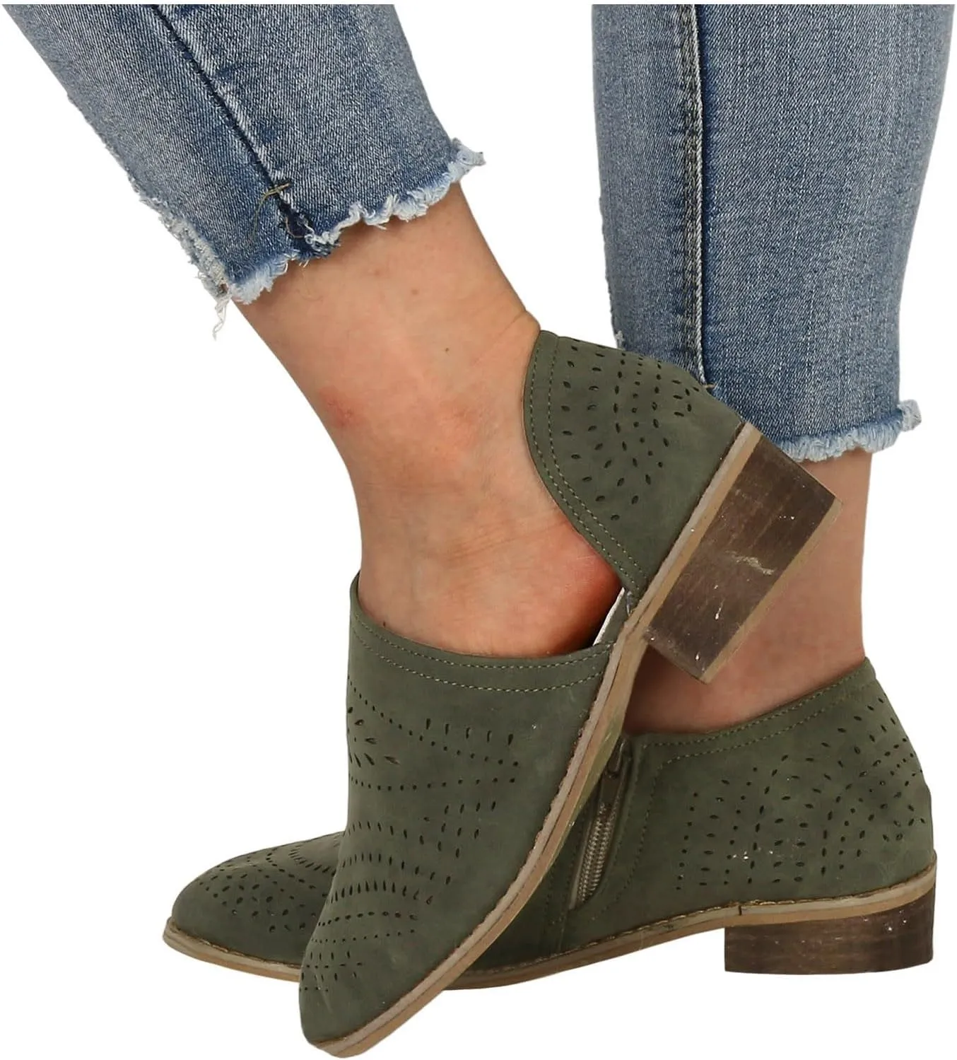 AMDBEL Fall Shoes for Women 2024 Low Heel Pointed Toe Chunky Block Hollow Out Winter Fall Side Zipper Short Booties