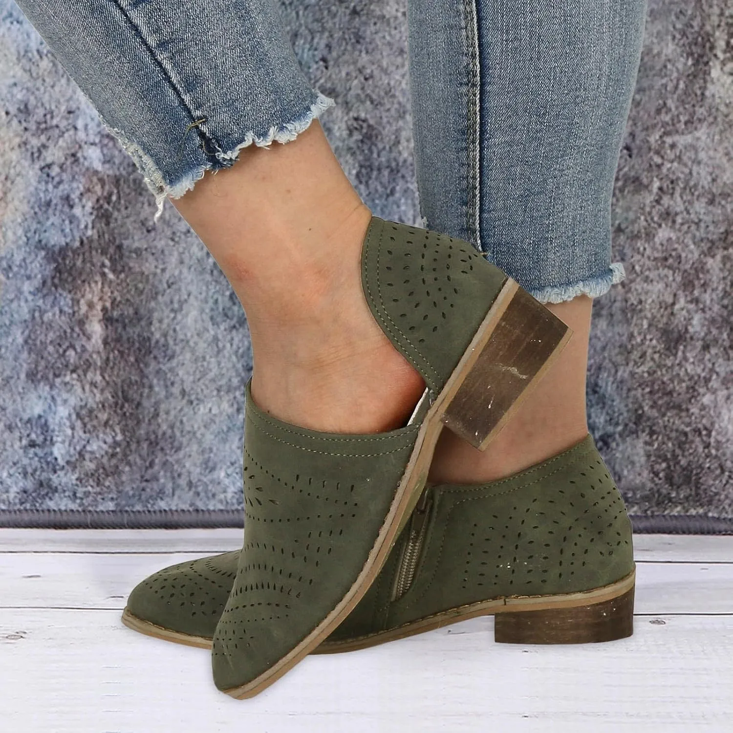 AMDBEL Fall Shoes for Women 2024 Low Heel Pointed Toe Chunky Block Hollow Out Winter Fall Side Zipper Short Booties