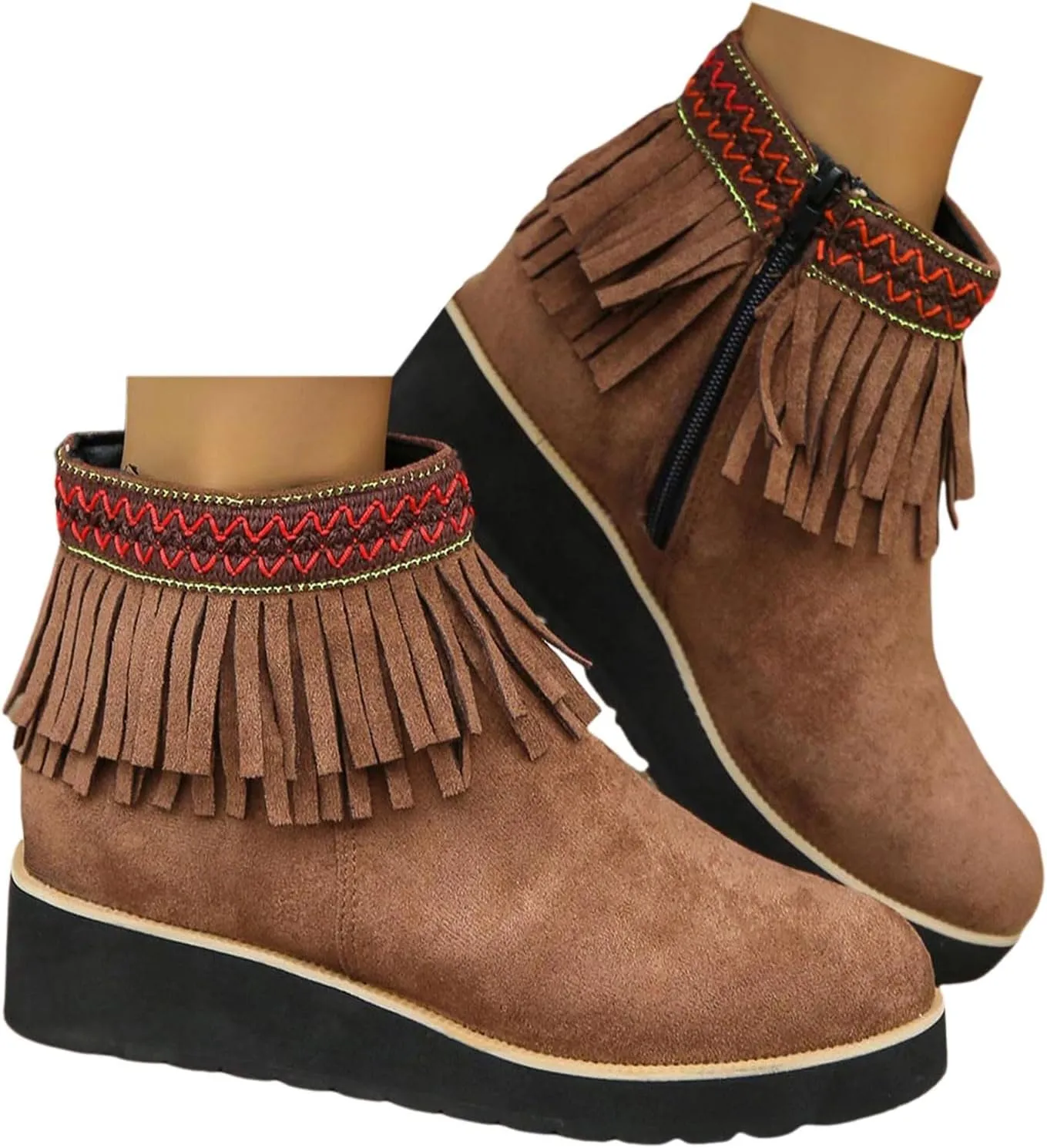 Ankle Boots for Women With Low Heel Women's Tassel Cowboys Ankle Boots Classic Vintage Round Toe Slip On Western Booties