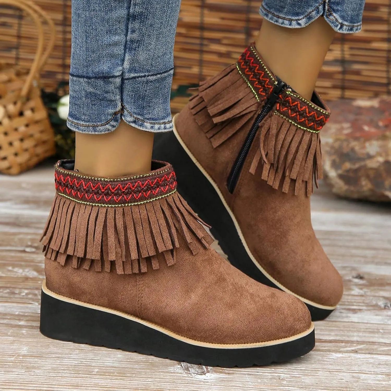 Ankle Boots for Women With Low Heel Women's Tassel Cowboys Ankle Boots Classic Vintage Round Toe Slip On Western Booties