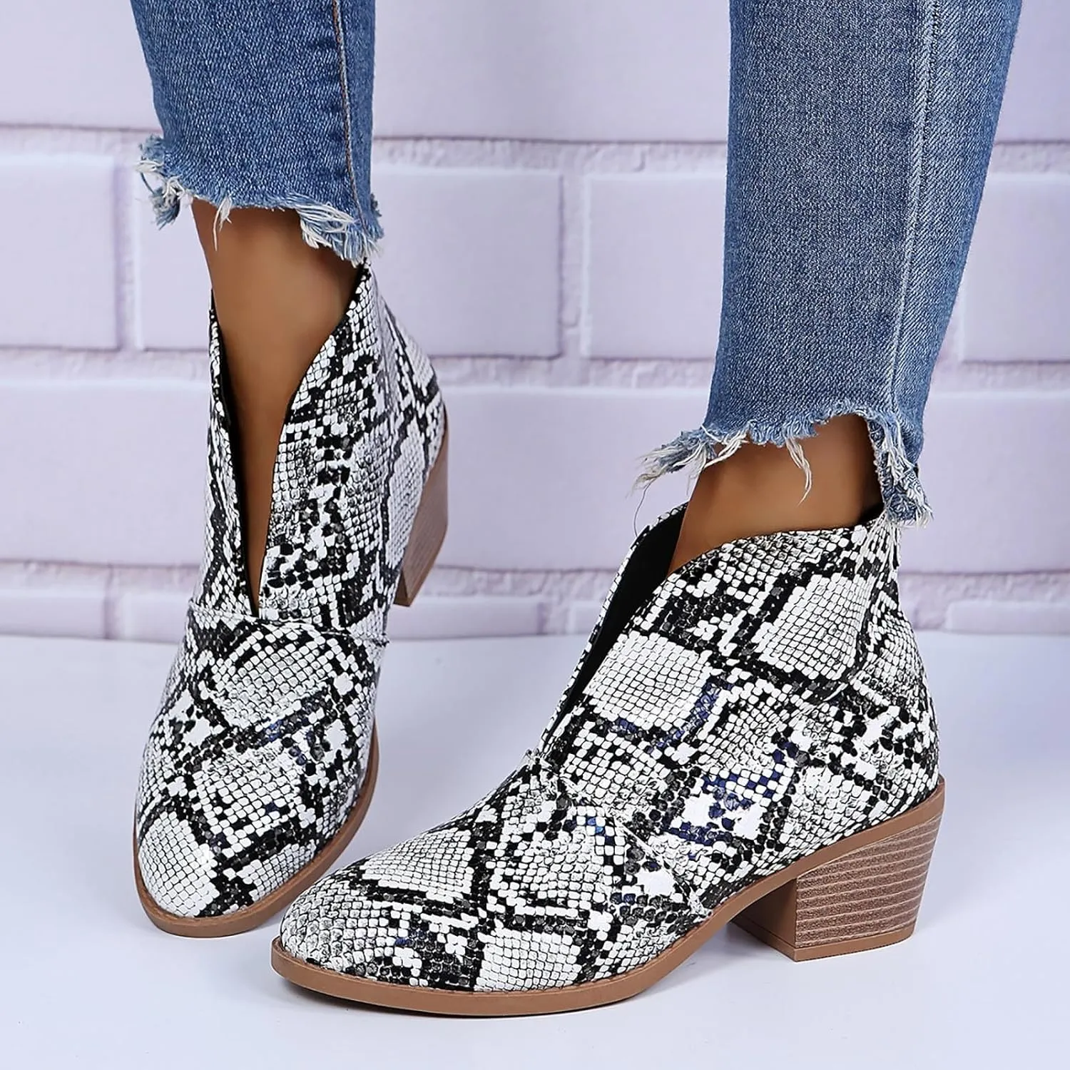 Ankle Boots for Women Womens Pointed Toe Ankle Boots V Cut Back Chelsea Booties Slip On Chunky Low Heel Western Booties