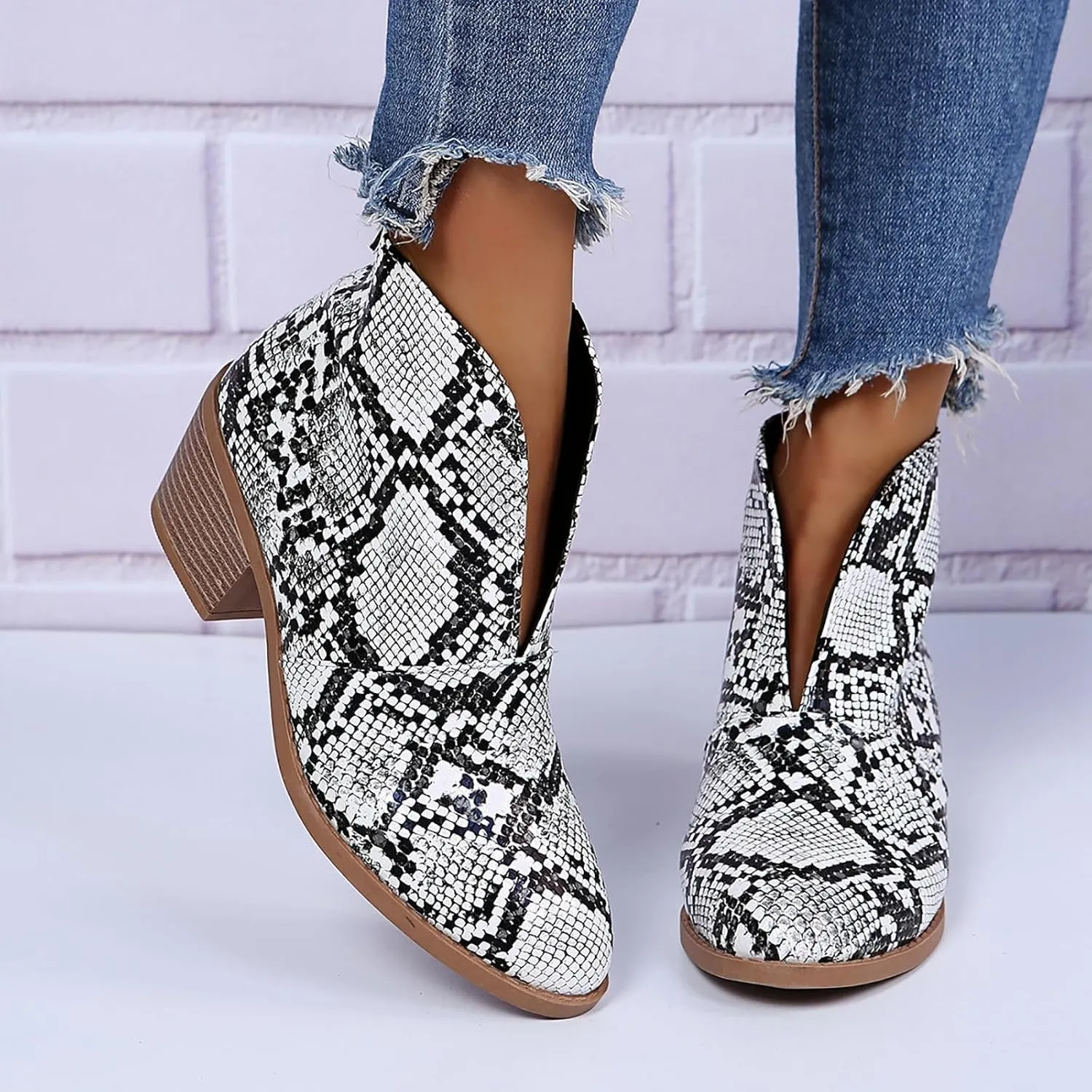 Ankle Boots for Women Womens Pointed Toe Ankle Boots V Cut Back Chelsea Booties Slip On Chunky Low Heel Western Booties