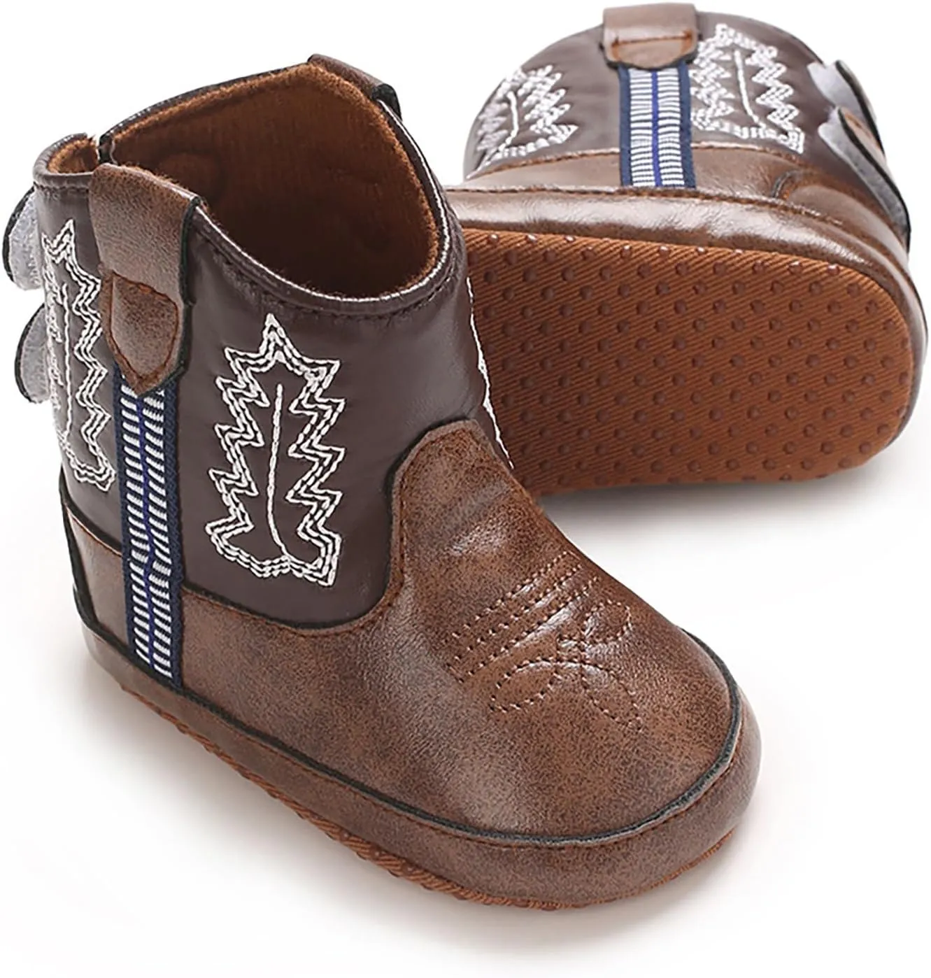 Baby Girls Boys Leathe Western Boots Cowboy Bootie Soft Sole Non-Slip Crib Shoes for Infant Round Toe Ankle Boots
