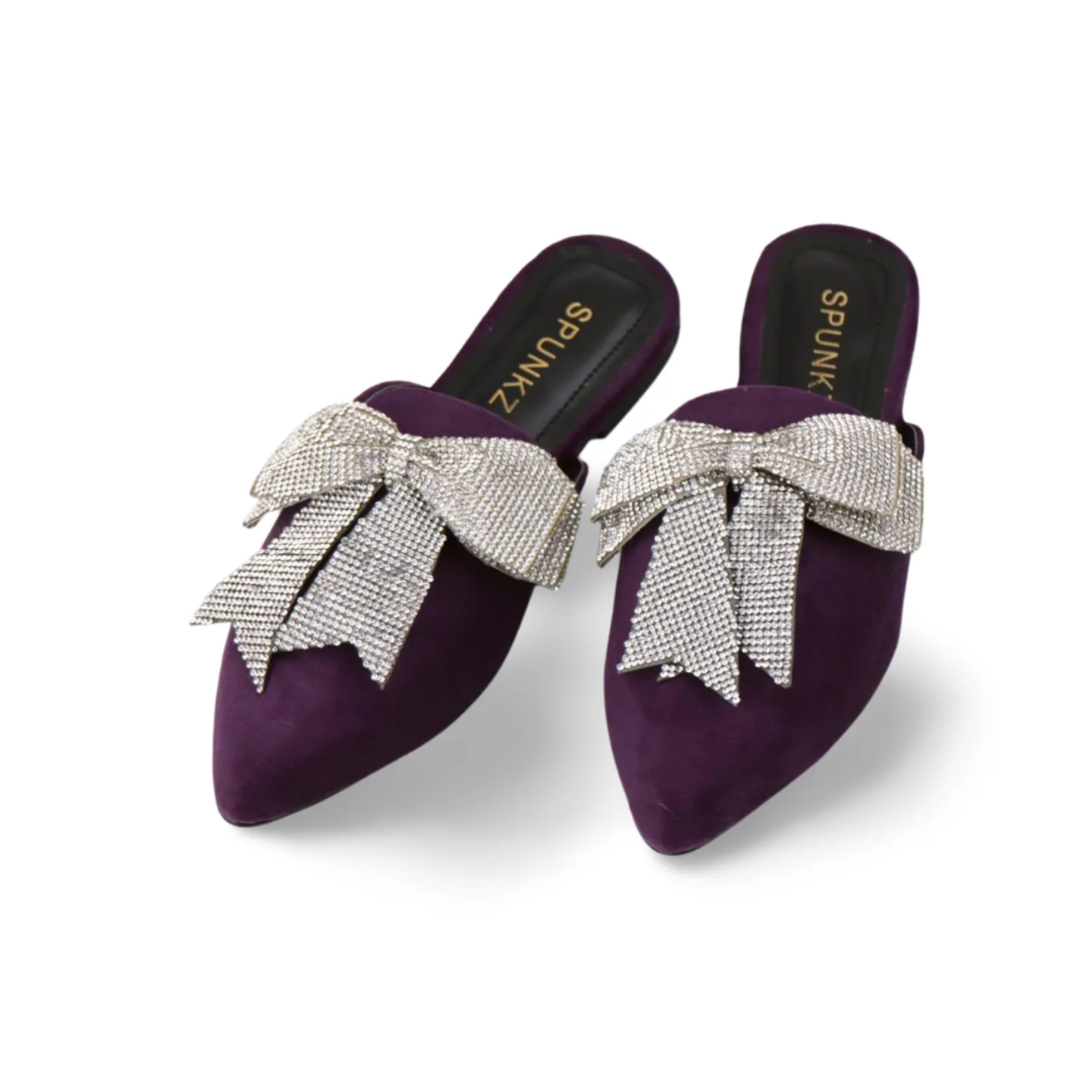 Beautiful Velvet Rhinestone Bow Pointed Toe Mules