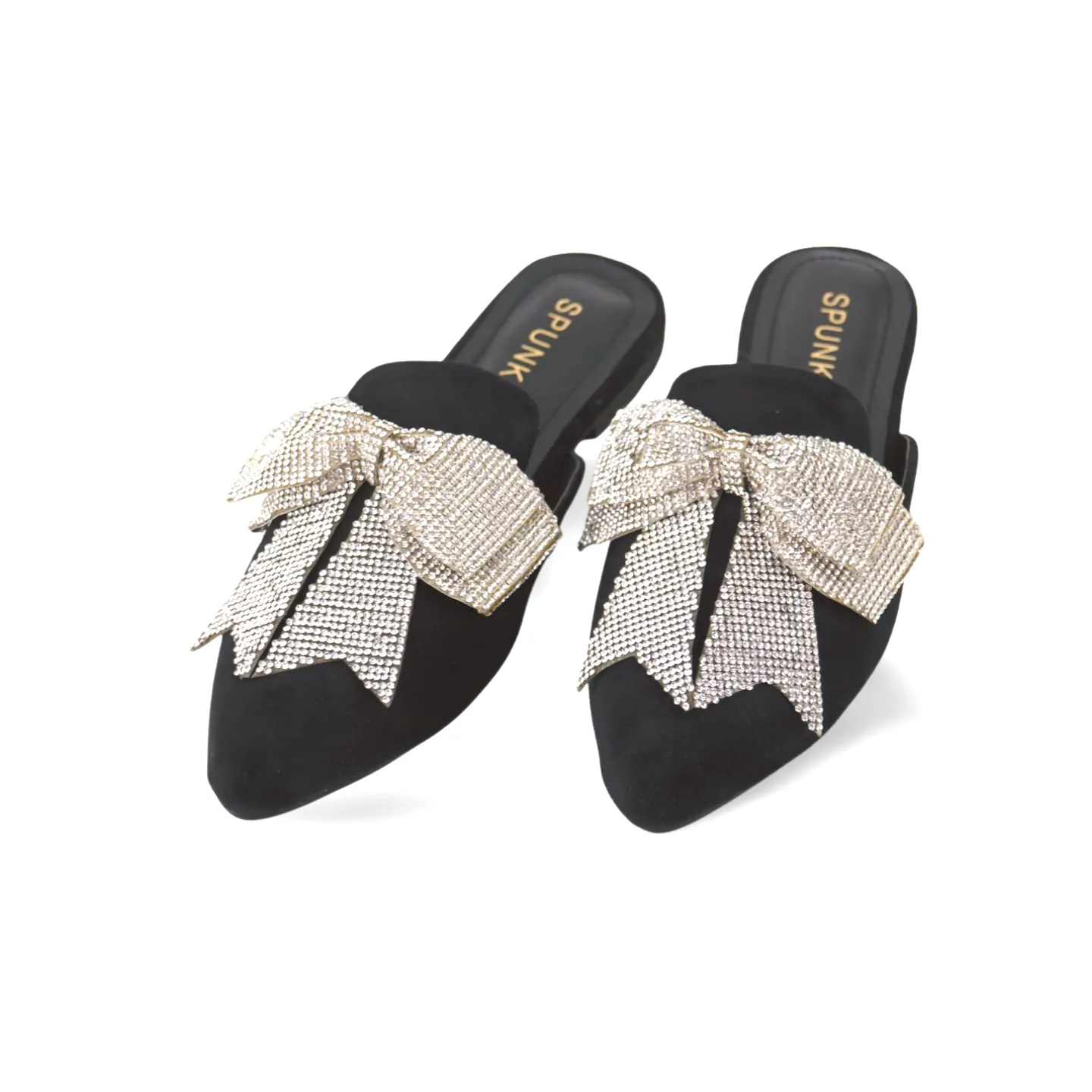 Beautiful Velvet Rhinestone Bow Pointed Toe Mules