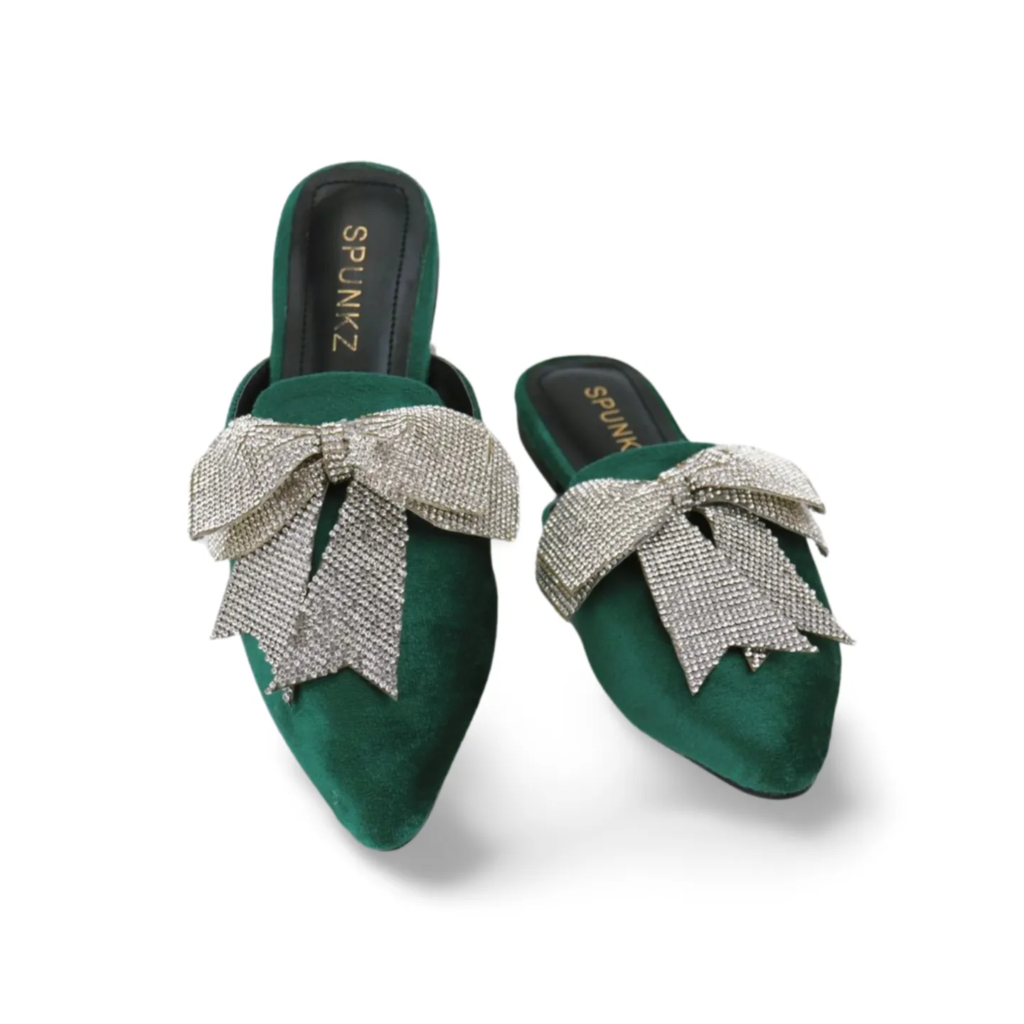 Beautiful Velvet Rhinestone Bow Pointed Toe Mules
