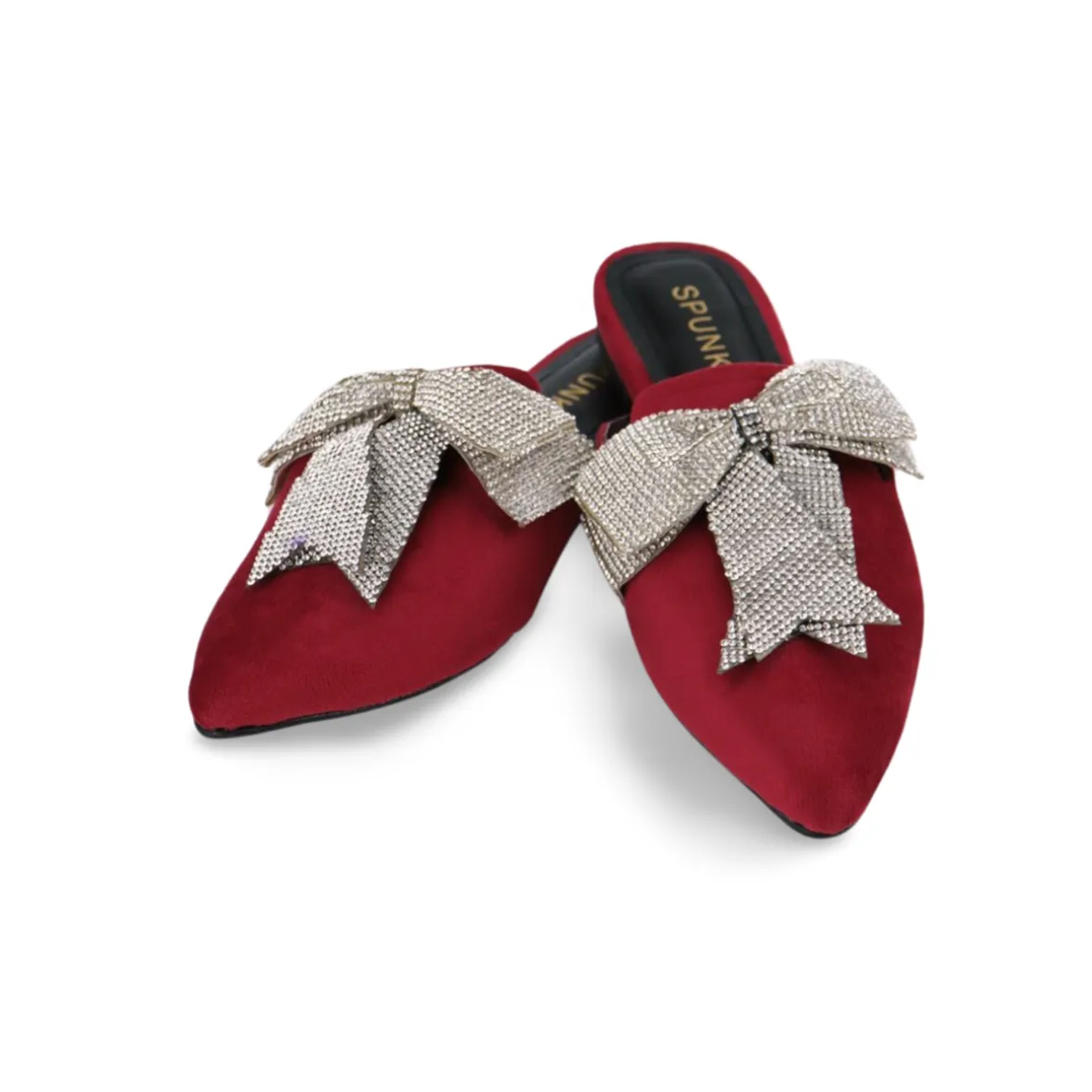 Beautiful Velvet Rhinestone Bow Pointed Toe Mules