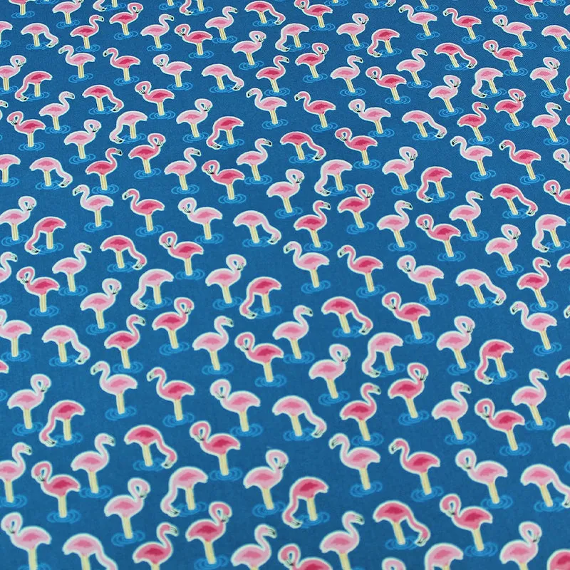 Bird Printed Cotton - Blue - Flamboyance of Flamingoes
