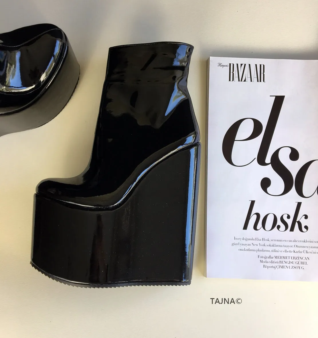 Black Patent High Heel Wedge Boots