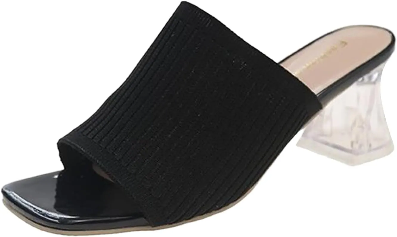 Block Heels for Women Breathable Braided Heeled Sandals Backless Square Heels Shoes Open Toe Block Slide Sandals