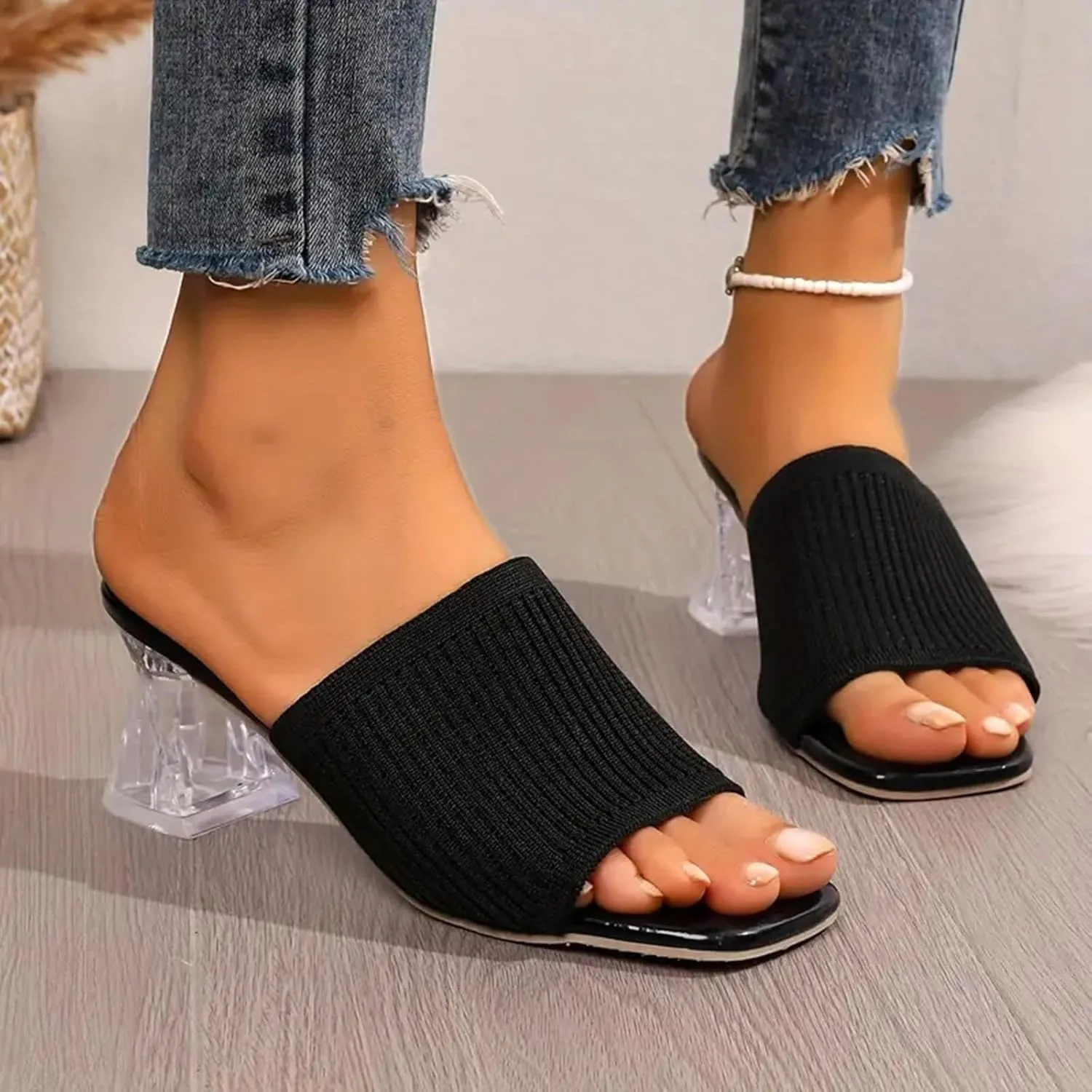 Block Heels for Women Breathable Braided Heeled Sandals Backless Square Heels Shoes Open Toe Block Slide Sandals