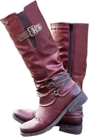 Boots For Women Knee High Wide Calf Leather Combat Boots Side Zipper Military Shoes Motorcycle Riding Biker Boots