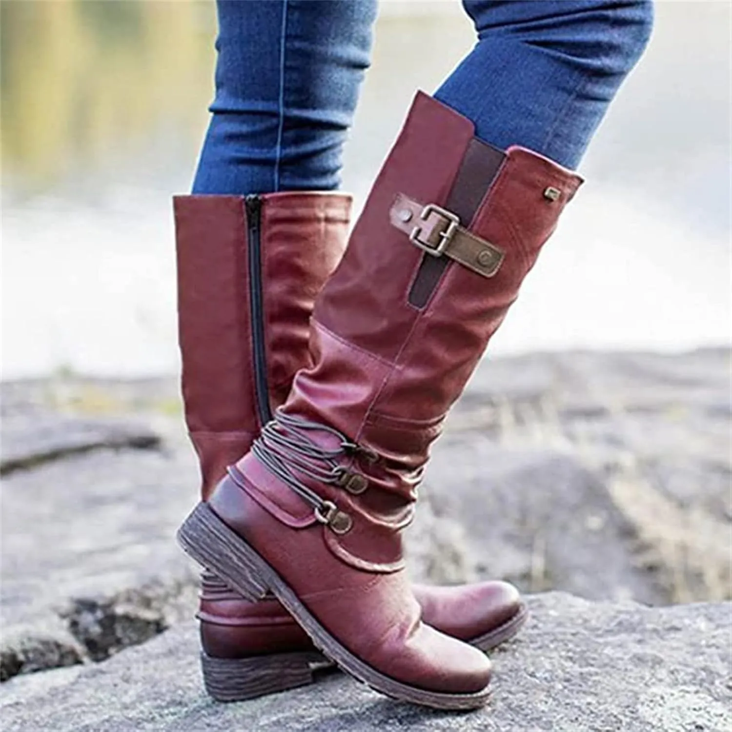Boots For Women Knee High Wide Calf Leather Combat Boots Side Zipper Military Shoes Motorcycle Riding Biker Boots