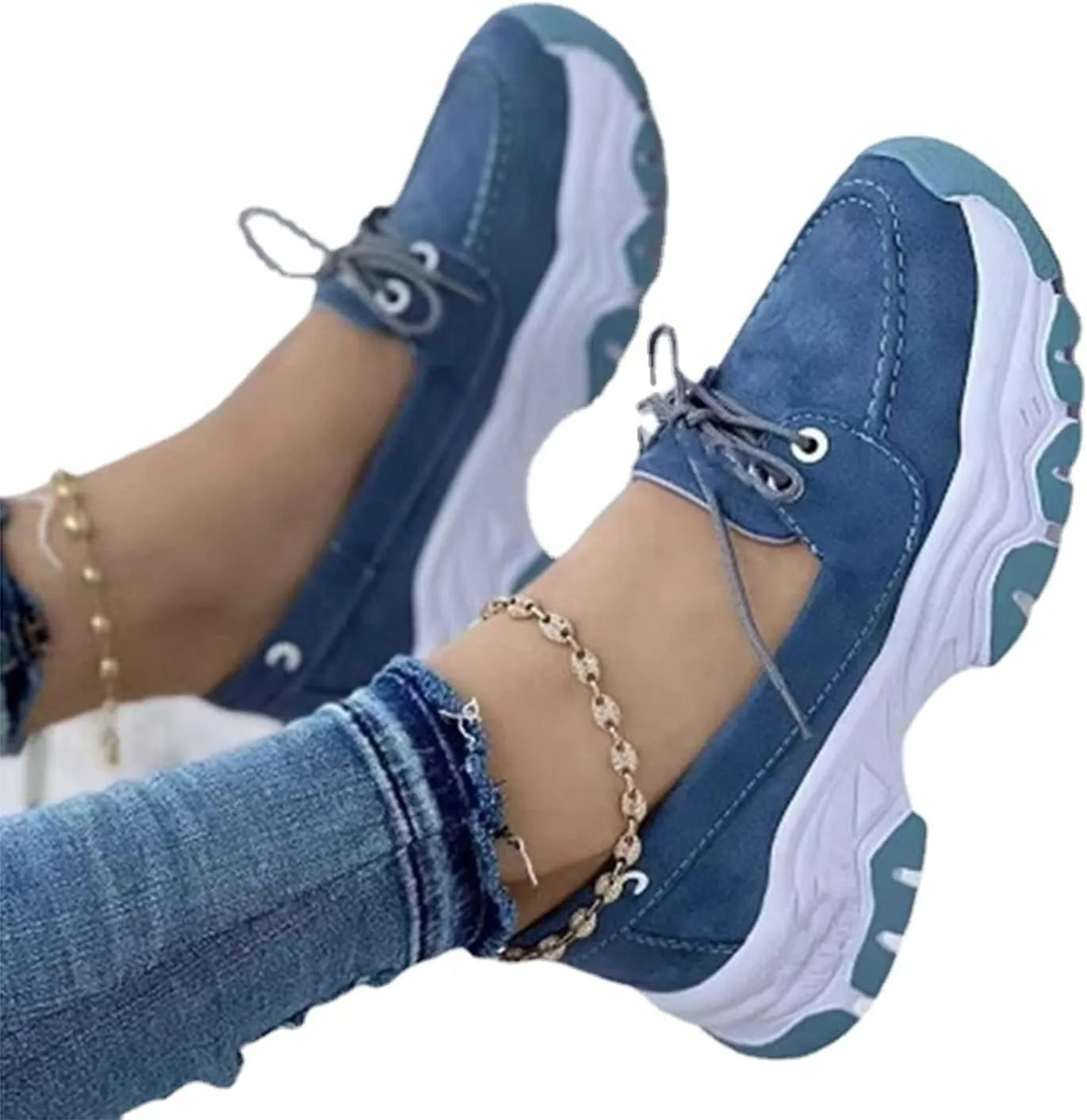 CANIAN 2023 Women's Platform lace-up Trainers, Breathable, Casual, Flat Running Shoes, Fashionable, Comfortable, Round Toe Single Shoes,Blue,38