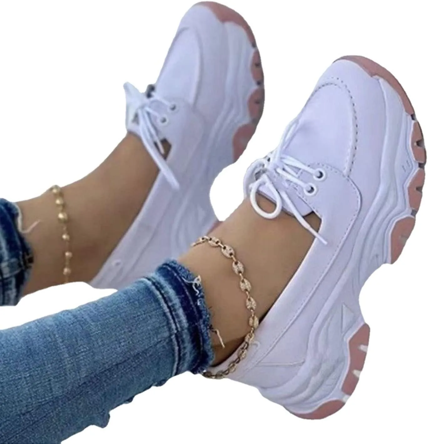 CANIAN 2023 Women's Platform lace-up Trainers, Breathable, Casual, Flat Running Shoes, Fashionable, Comfortable, Round Toe Single Shoes,White,35