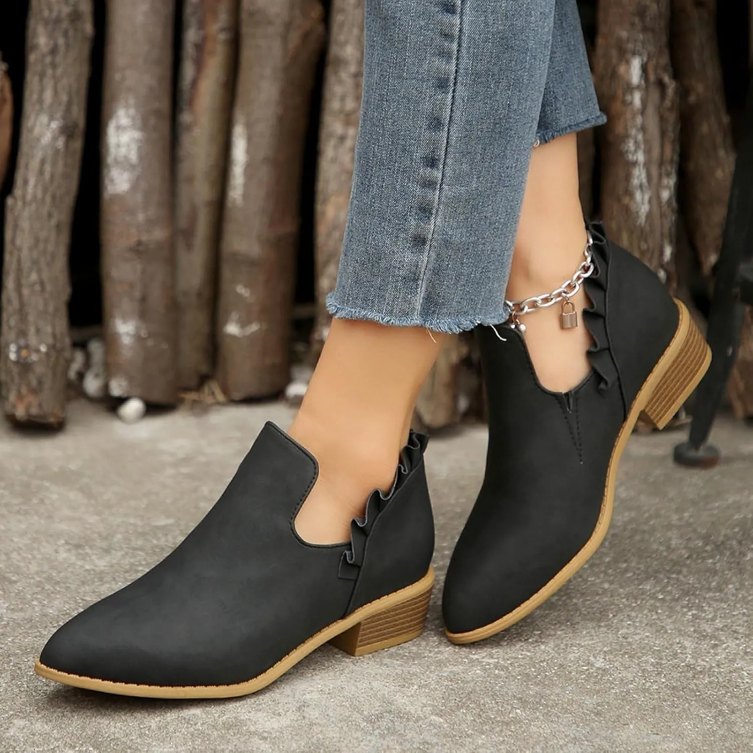 Cathalem Ankle Boots for Wome, 2024 V Cutout Ankle Boots Pointed Toe Chunky Stacked Heel Booties Western Boots Low Heel Boots