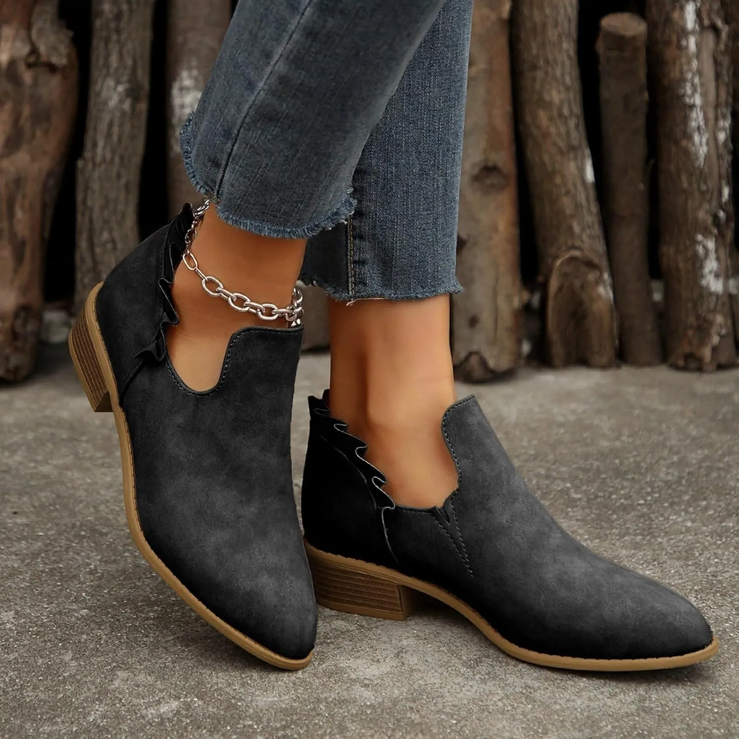Cathalem Ankle Boots for Wome, 2024 V Cutout Ankle Boots Pointed Toe Chunky Stacked Heel Booties Western Boots Low Heel Boots