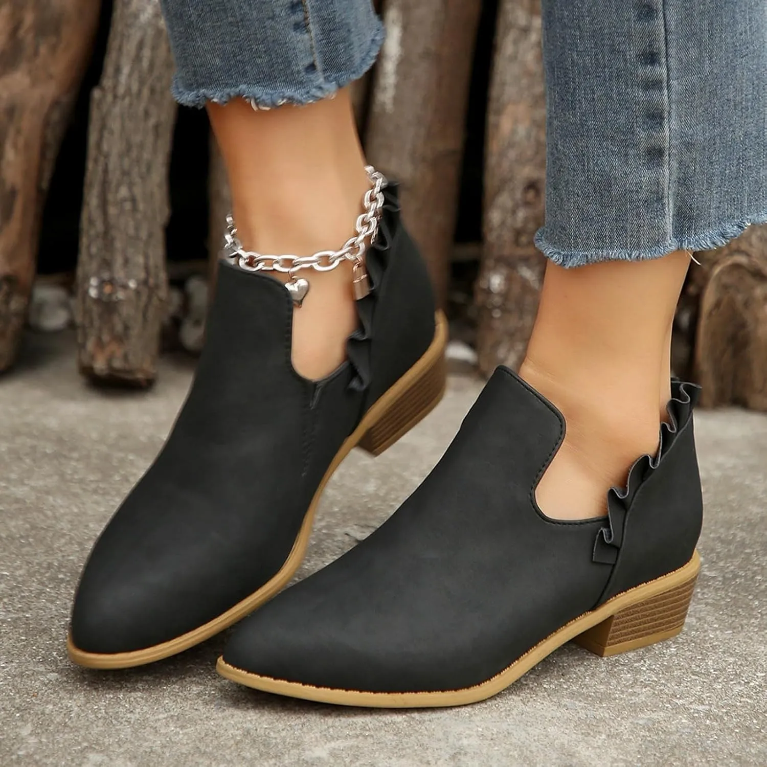 Cathalem Ankle Boots for Wome, 2024 V Cutout Ankle Boots Pointed Toe Chunky Stacked Heel Booties Western Boots Low Heel Boots