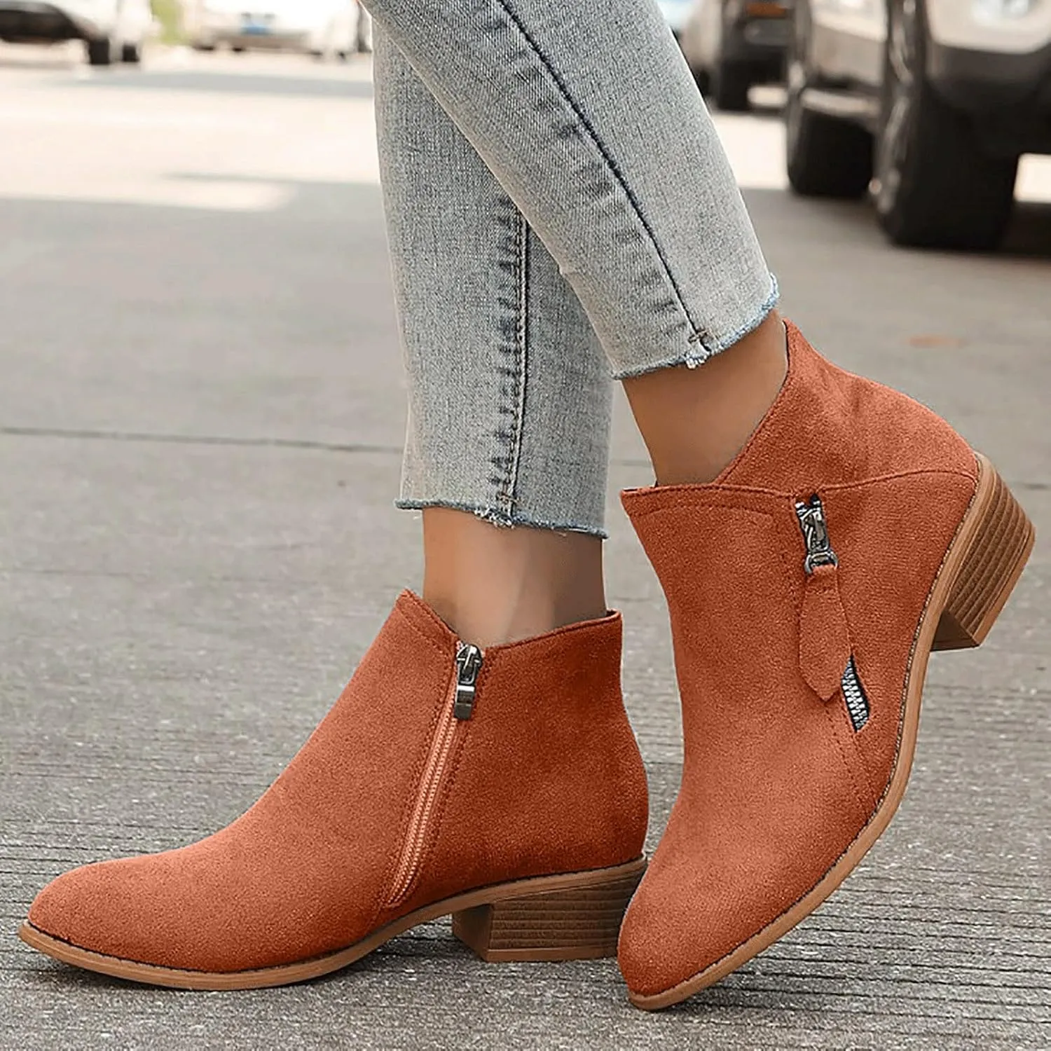 Cathalem Ankle Boots for Women Ankle Booties Vintage Slip on Round Toe Side Zipper Chunky Block Mid Heel Booties Ladies Shoes