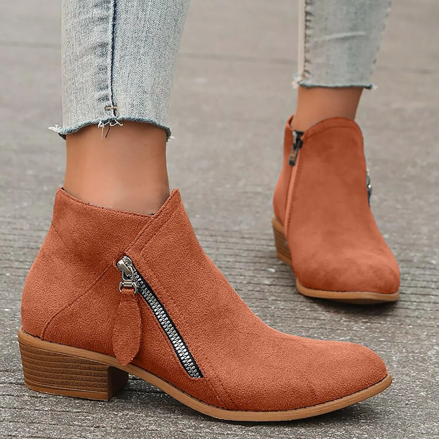 Cathalem Ankle Boots for Women Ankle Booties Vintage Slip on Round Toe Side Zipper Chunky Block Mid Heel Booties Ladies Shoes