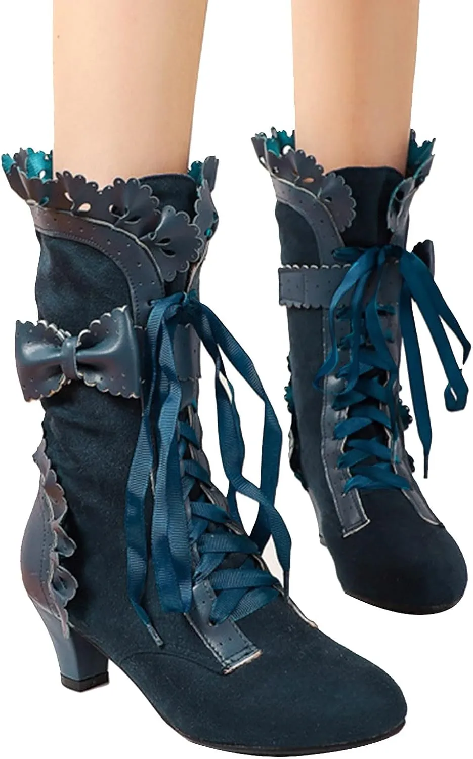 Cathalem Cowboy Boots for Women, Women Victorian Boots 70s Lace Up Kitten Heel Mild Calf Boots Wide Calf Boots