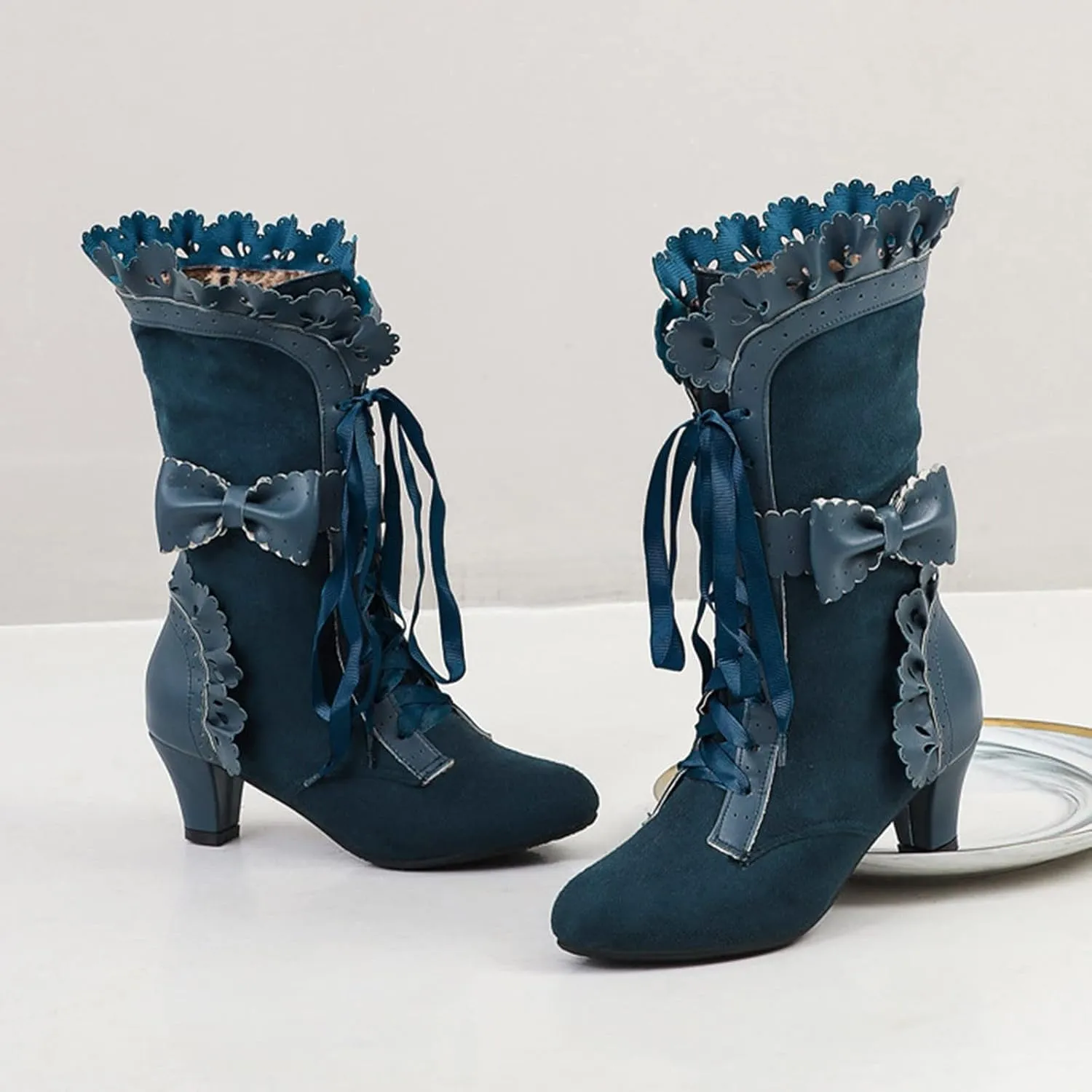 Cathalem Cowboy Boots for Women, Women Victorian Boots 70s Lace Up Kitten Heel Mild Calf Boots Wide Calf Boots