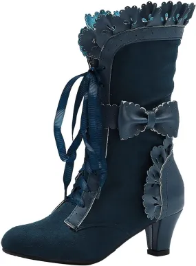 Cathalem Cowboy Boots for Women, Women Victorian Boots 70s Lace Up Kitten Heel Mild Calf Boots Wide Calf Boots