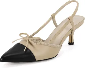 Coutgo Womens Bow Tie Slingback Pumps Pointed Toe Kitten Low Heel Patchwork Dress Heeled Sandals