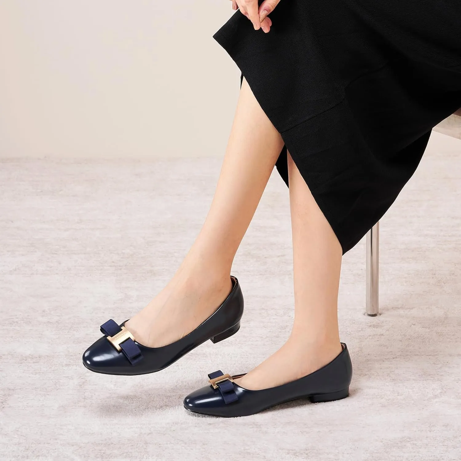 C.Paravano Women's Ballet Flats | Round Toe Bow Accent Shoes with Metallic Buckle | Soft Leather Slip-Ons for Work Commute, Office & Date NightsEvening Events, Business Travel & Dating