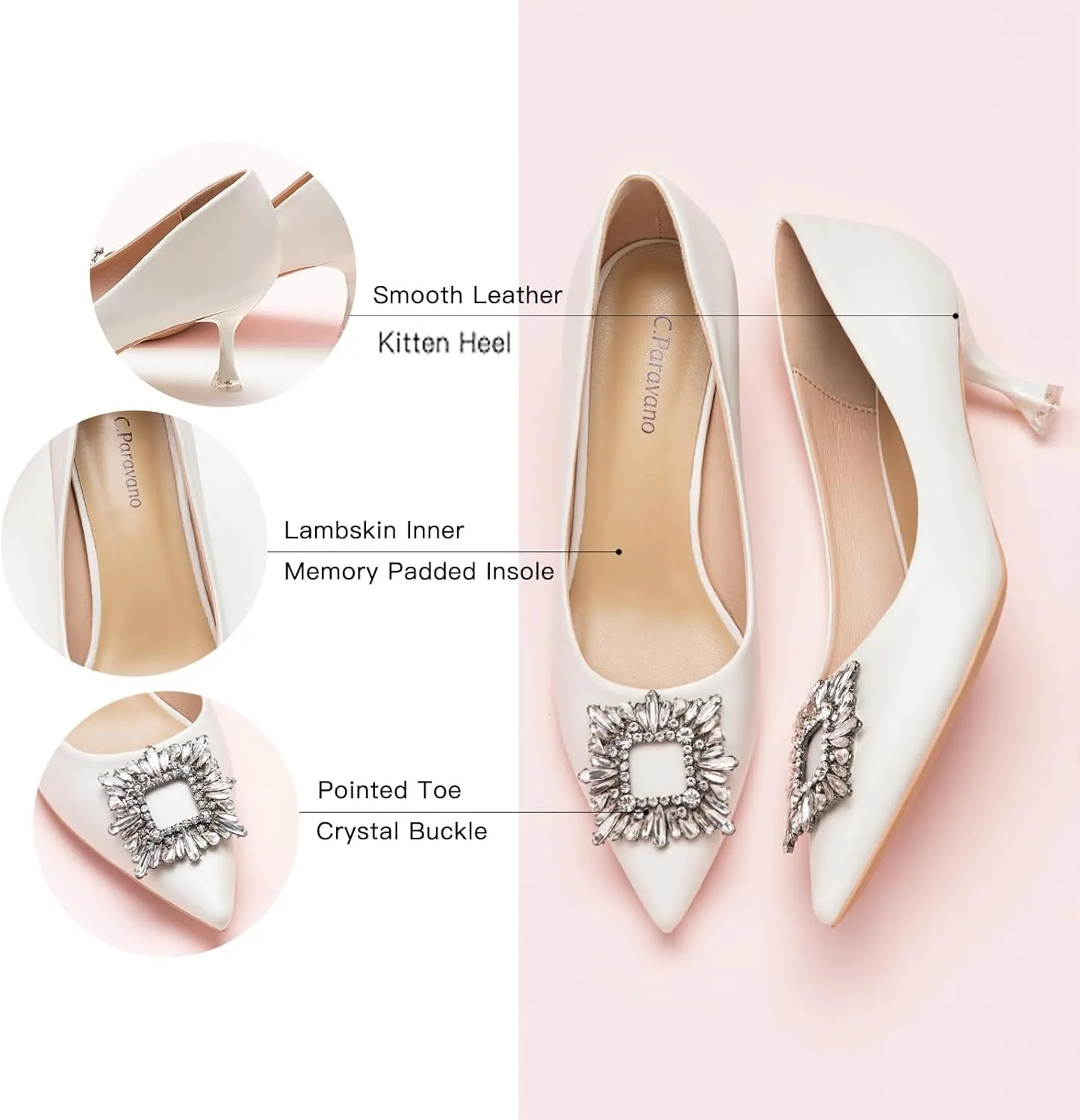 C.Paravano Women's Pumps I Pointed Toe Kitten Heel I Closed Toe Dress Pump I Comfortable Wedding Shoes