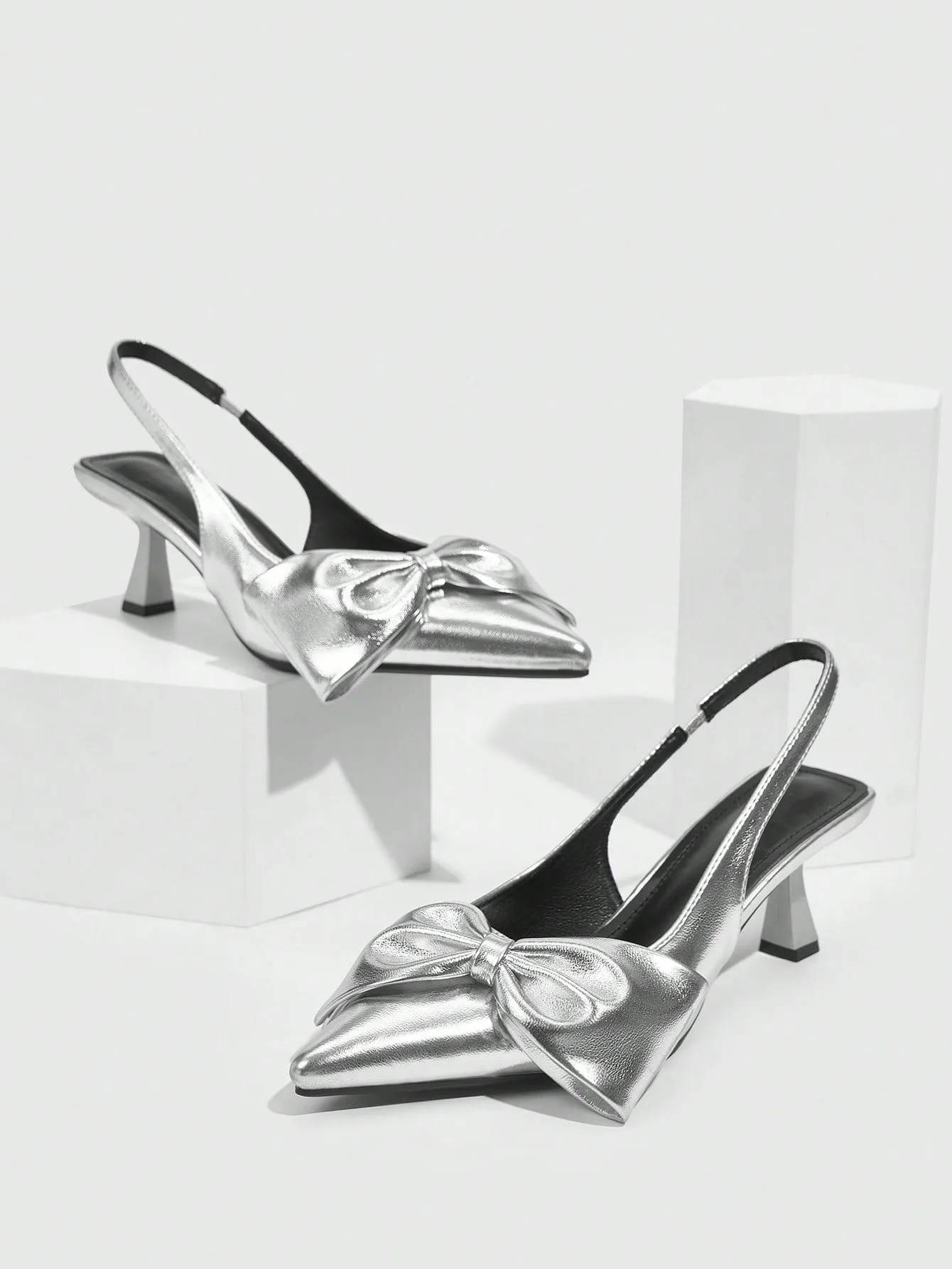 CUCCOO CHICEST Women's Fashionable Silver Cute Bowknot Pointed Toe Kitten Heel Shoes For Daily Commute, Dating, Parties, Weddings And Vacations