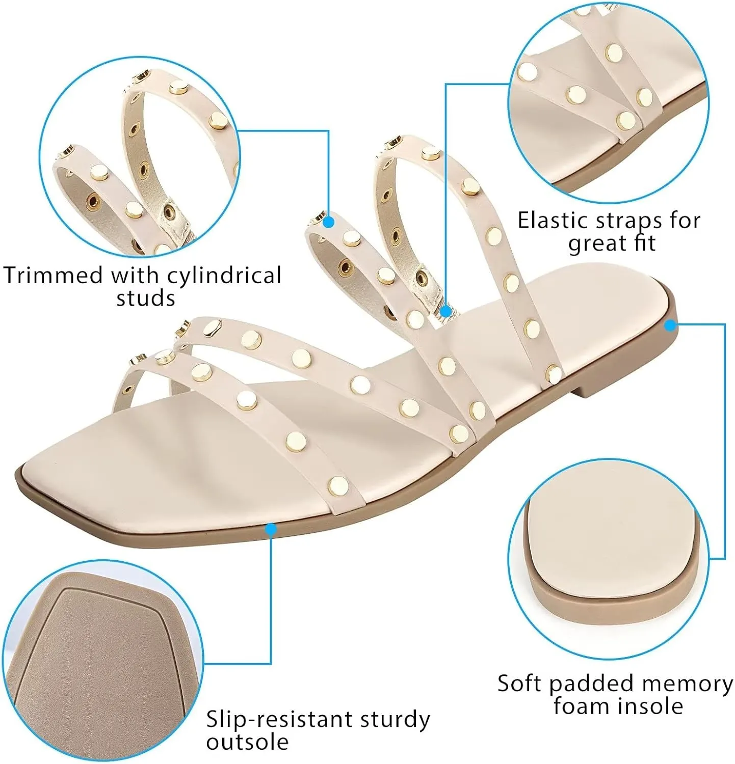 DAYDAYGO Sandals for women - Cute Square Open Toe Dressy Slide Sandal - Comfortable Stylish Flat Sandal Slides Shoes With Striking straps and Soft Memory Foam Insole