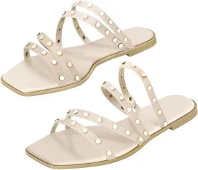 DAYDAYGO Sandals for women - Cute Square Open Toe Dressy Slide Sandal - Comfortable Stylish Flat Sandal Slides Shoes With Striking straps and Soft Memory Foam Insole