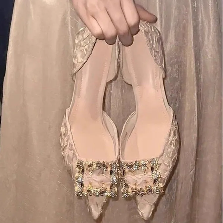 DEANWANGK  Stiletto Hollow  Summer New Sexy Dignified Rhinestone Square Buckle Low-Cut Pointed 6cm High Heels