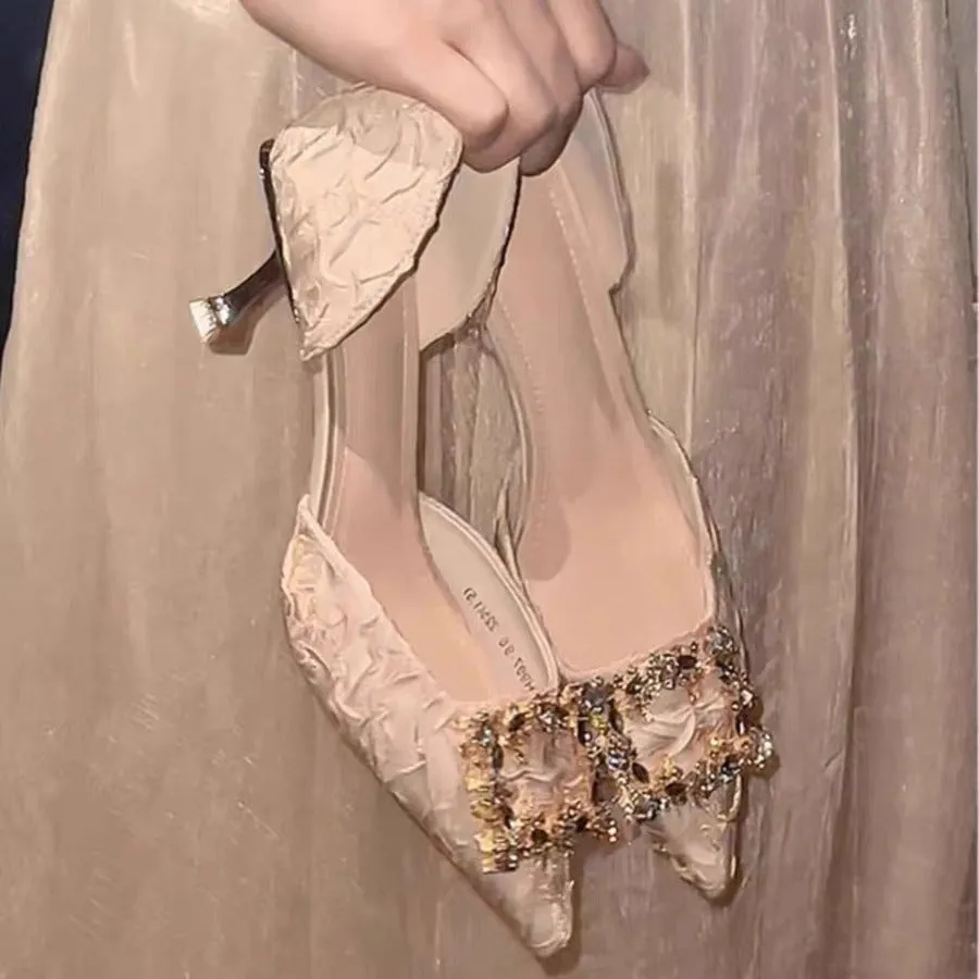 DEANWANGK  Stiletto Hollow  Summer New Sexy Dignified Rhinestone Square Buckle Low-Cut Pointed 6cm High Heels
