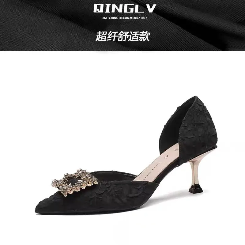 DEANWANGK  Stiletto Hollow  Summer New Sexy Dignified Rhinestone Square Buckle Low-Cut Pointed 6cm High Heels