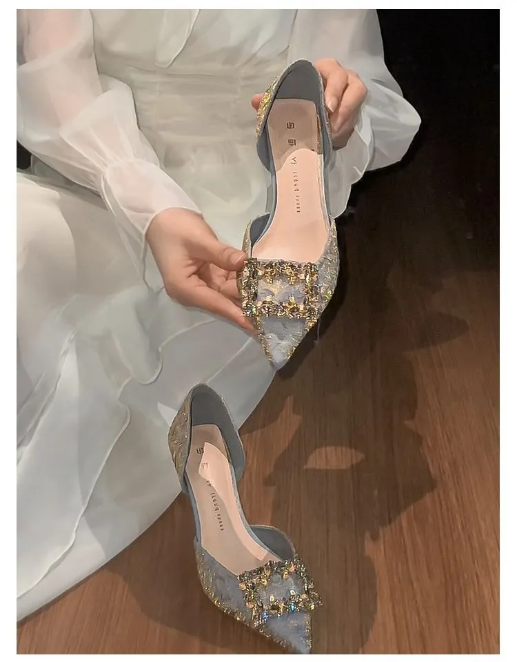 DEANWANGK  Stiletto Hollow  Summer New Sexy Dignified Rhinestone Square Buckle Low-Cut Pointed 6cm High Heels