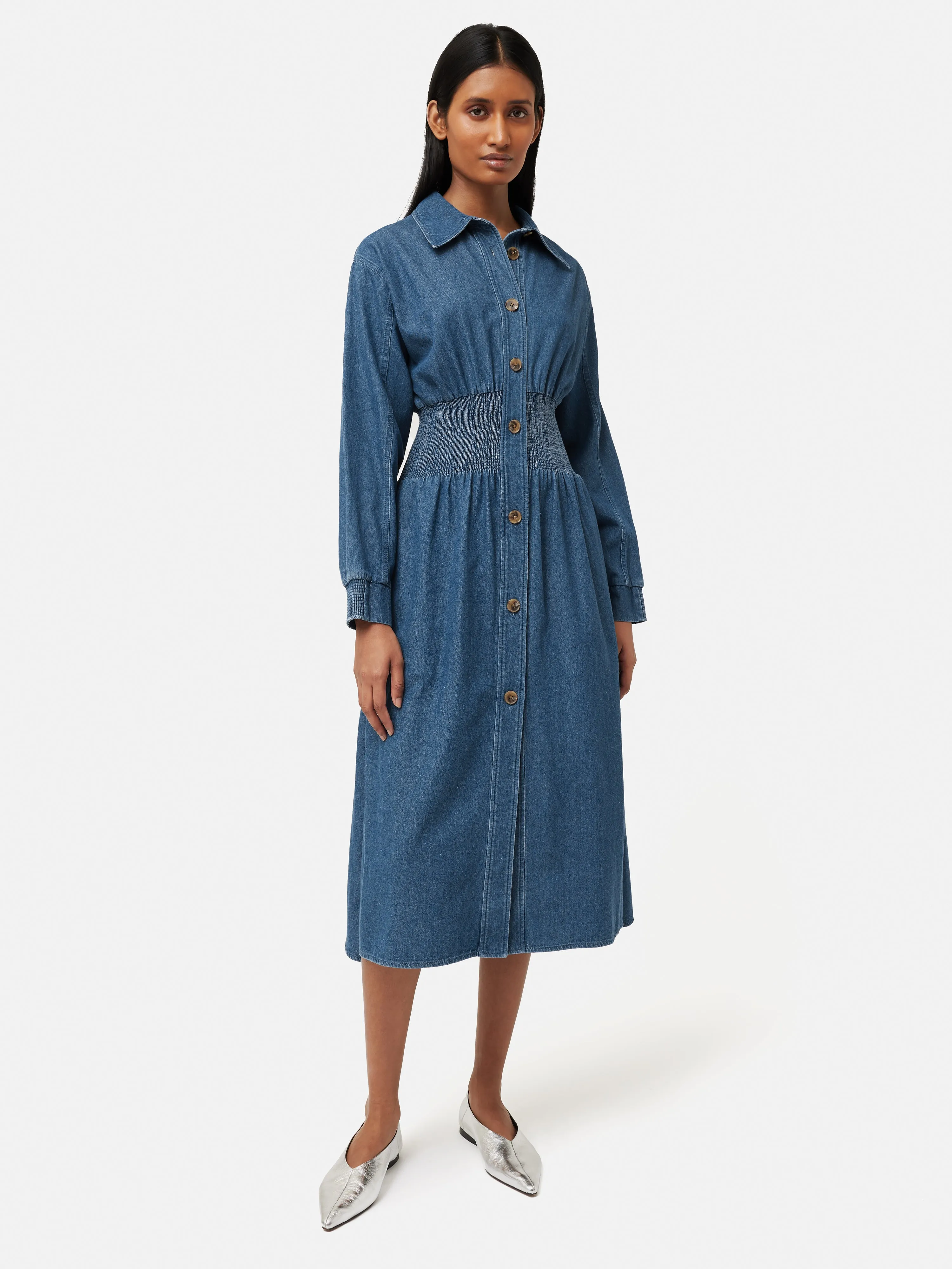 Denim Smocked Waist Shirt Dress | Blue