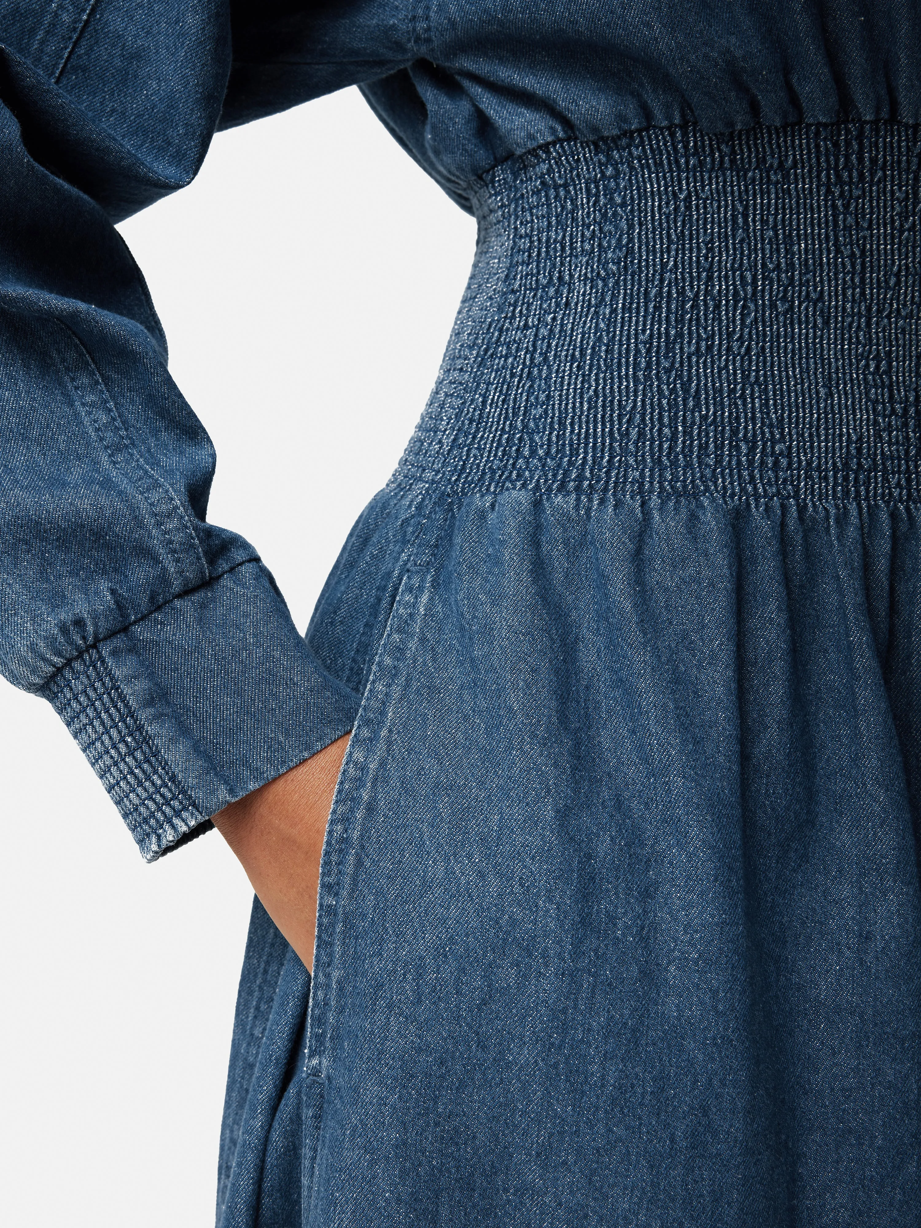 Denim Smocked Waist Shirt Dress | Blue