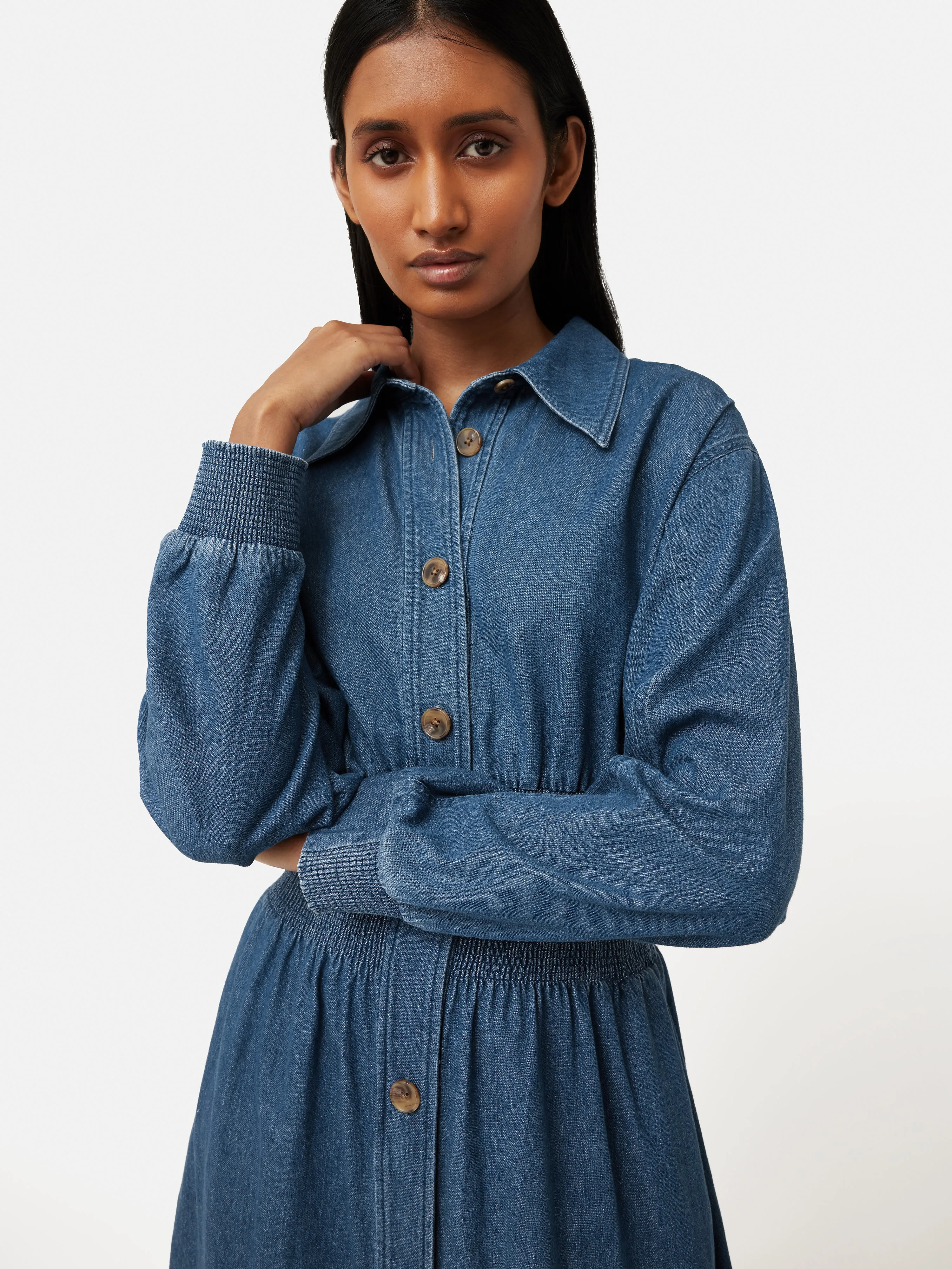 Denim Smocked Waist Shirt Dress | Blue