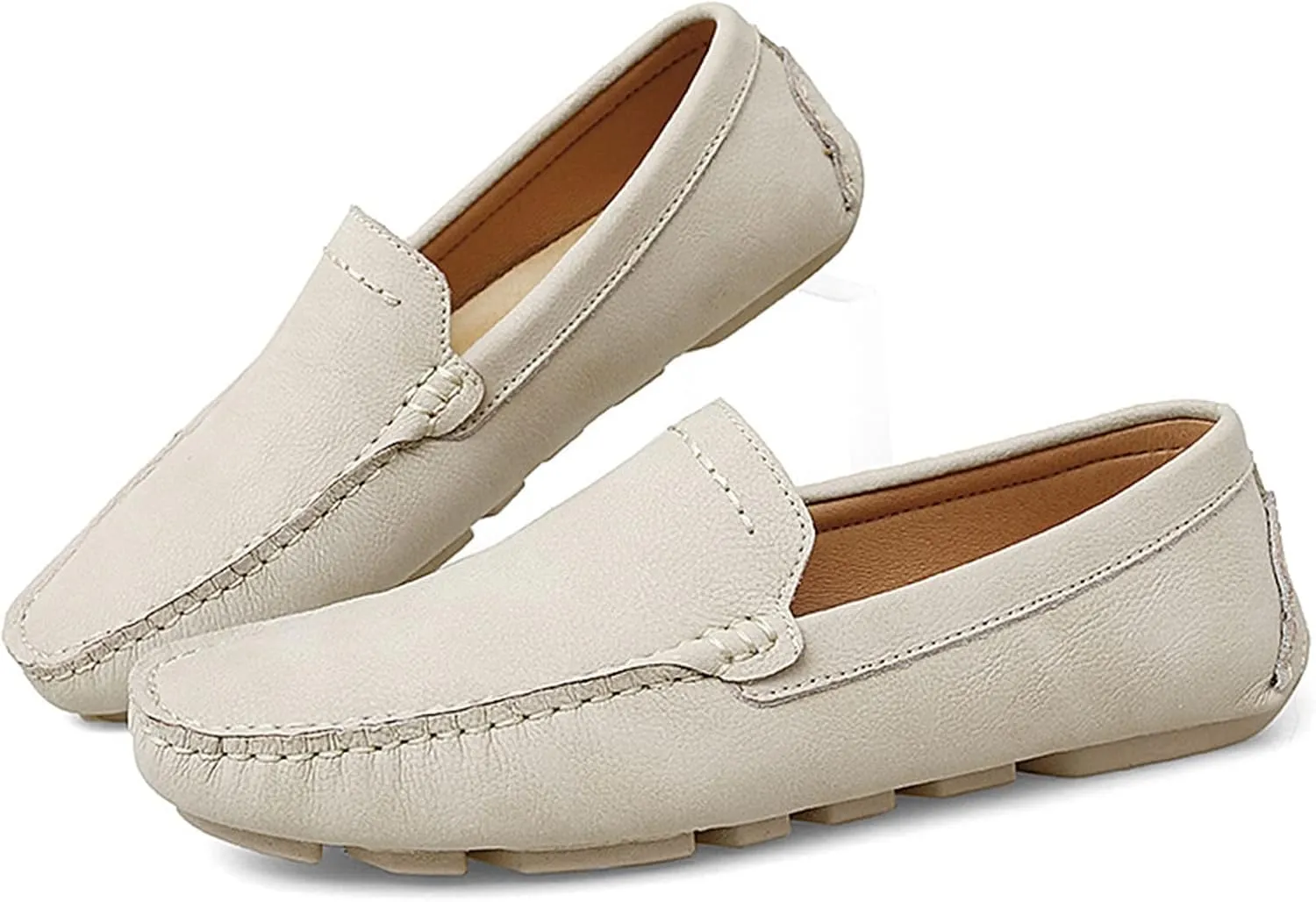 Easy to Put and Remove Driving Moccasins Smoking Loafer for Men Genuine Leather Round Toe Stitching Details Litchi Grain Comfortable Flexible Soft Driving Slip On for All Occasions