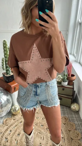 Embellished Studded Star Tee, Brown