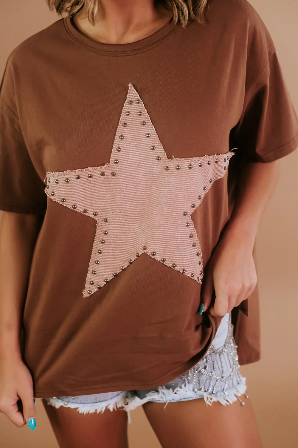 Embellished Studded Star Tee, Brown