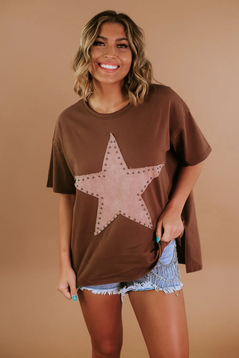 Embellished Studded Star Tee, Brown