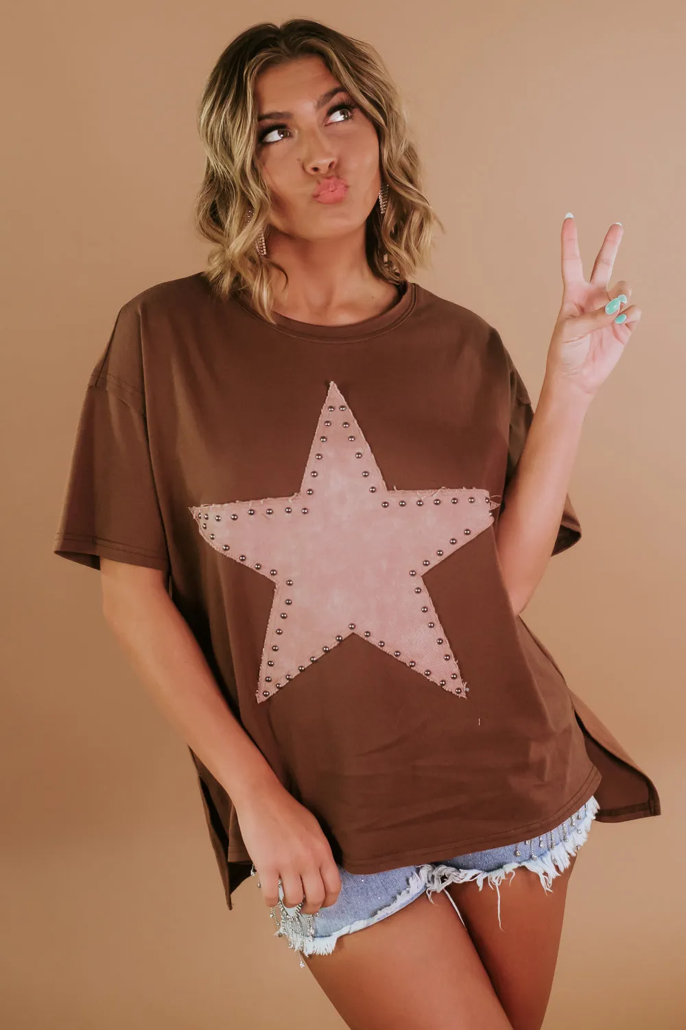 Embellished Studded Star Tee, Brown